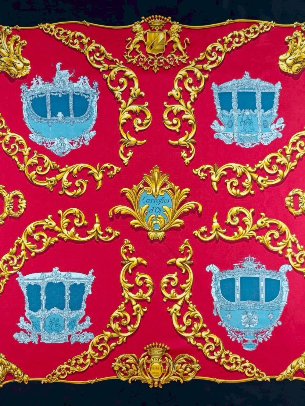 Hermes Red Scarf with Gold Scrolls and Blue Carriage Motifs